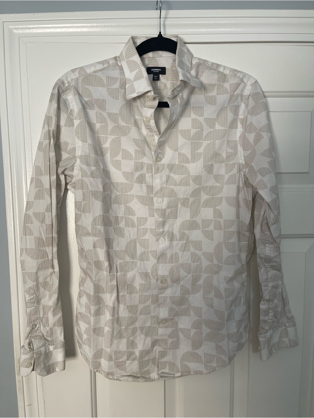 Express Men’s White Shirt with Beige Geometric Print